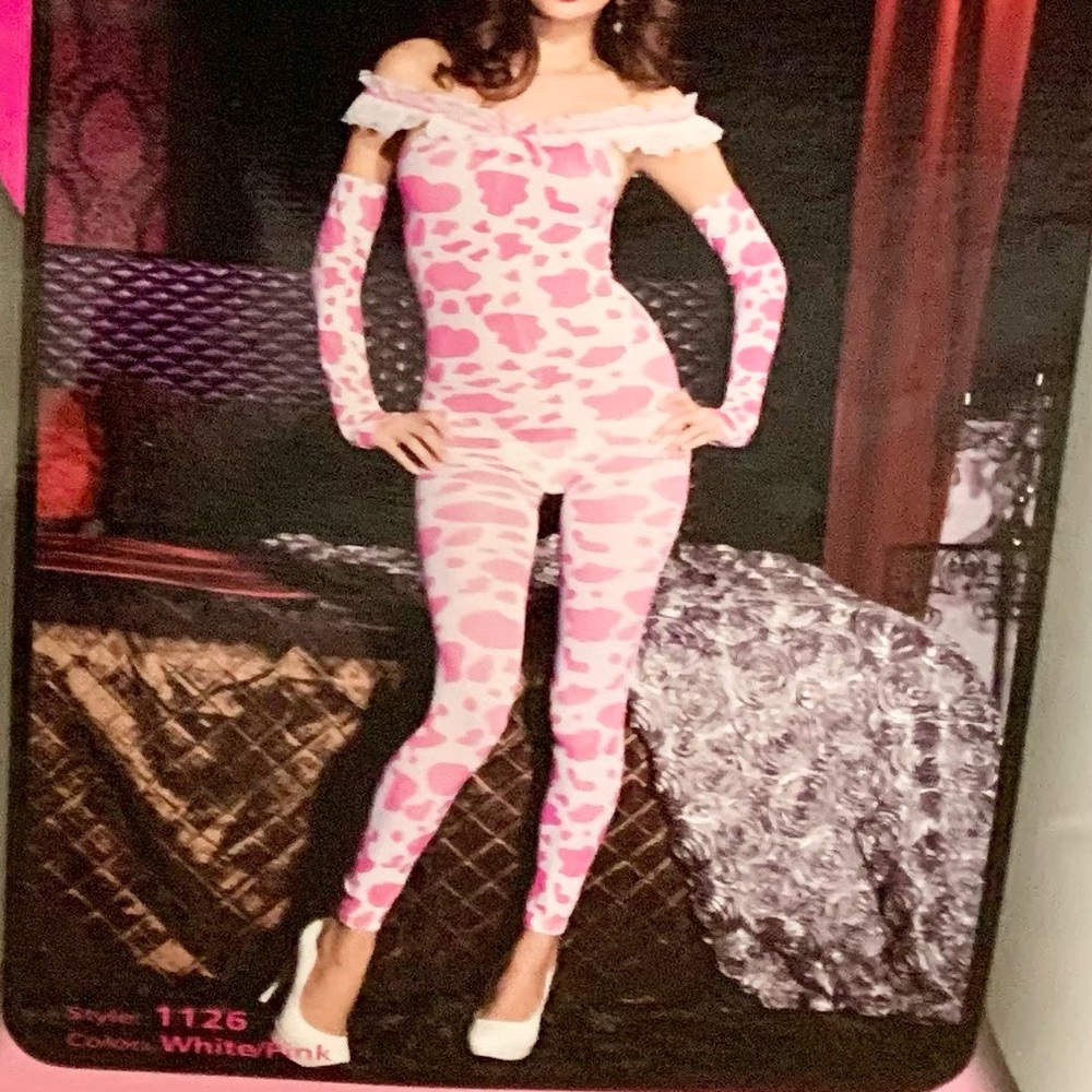 Music Legs White and Pink Cow Print Bodystocking